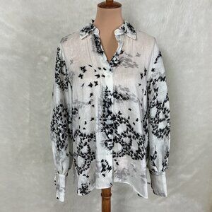 Allsaints Black White Butterfly Print Long Sleeve Leyla Orsino Shirt Blouse US 6